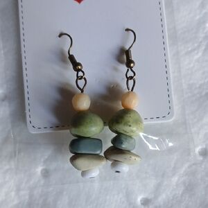 Green and Cream Bead Drop Earrings with Peach Accent
